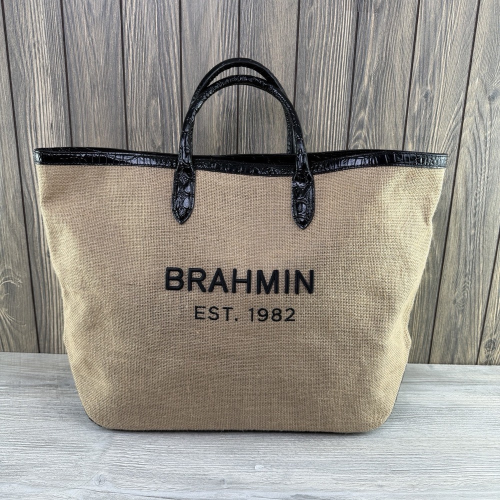 Brahmin EST 1982 Large Burlap Jute Tote Bag Black Croc Embossed Leather Trim